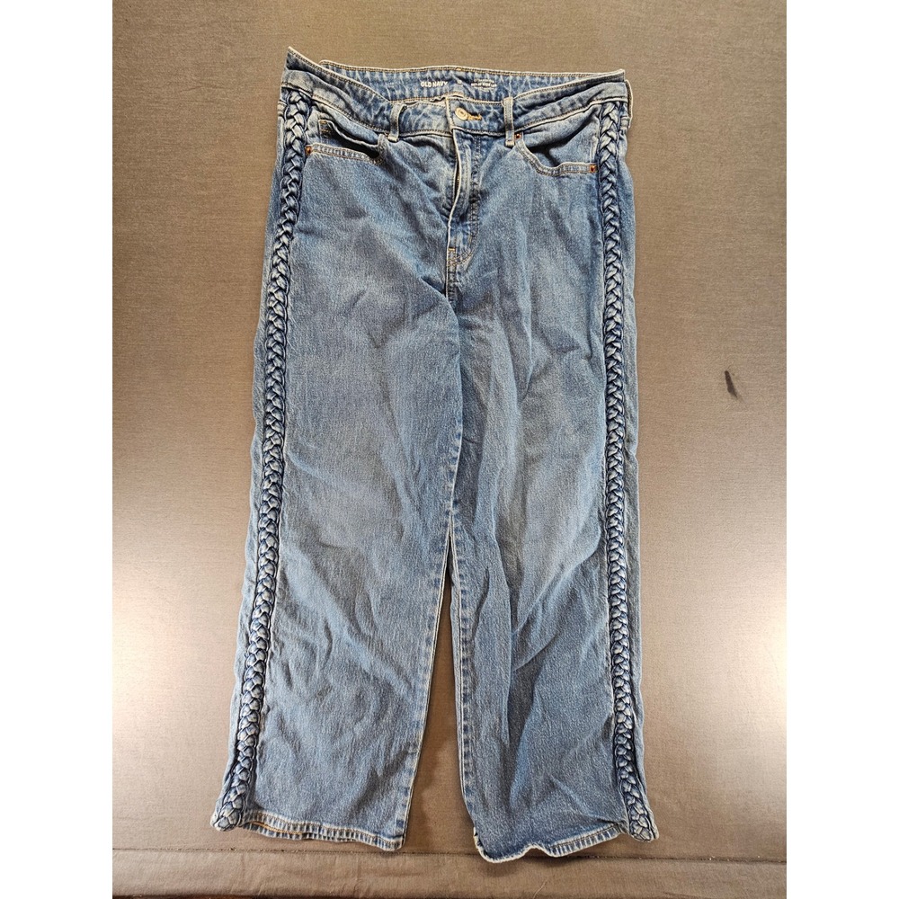 Old Navy Sky-Hi Wide Leg Jeans Womens 10 Petite Blue Braided Extra High Rise